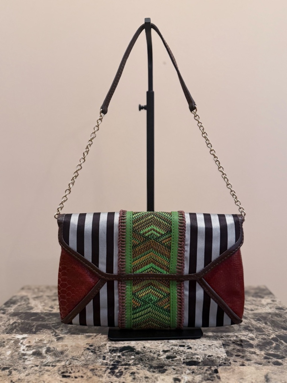Henri Bendel Mixed Media Centennial Striped & Woven Shoulder Bag / Clutch 💎RARE💎 - Picture 3 of 12